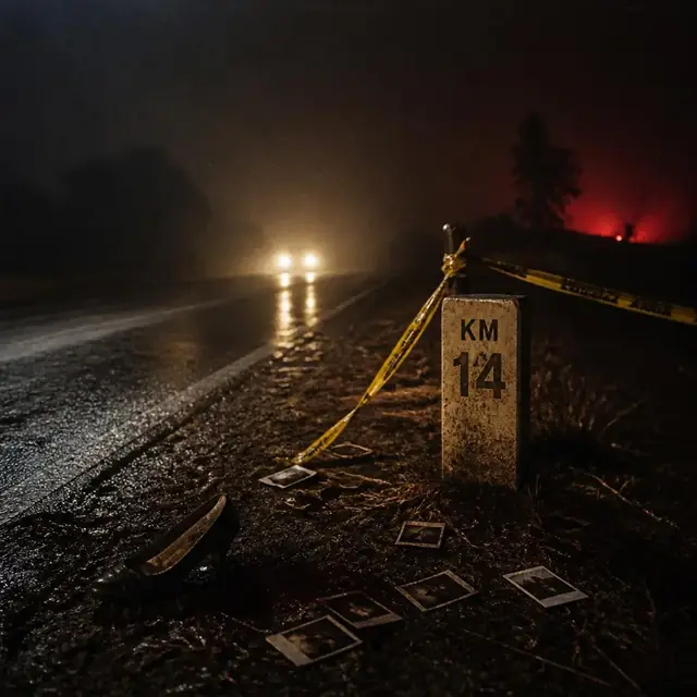 Carretera de noche con cinta policial junto al mojón del kilómetro 14