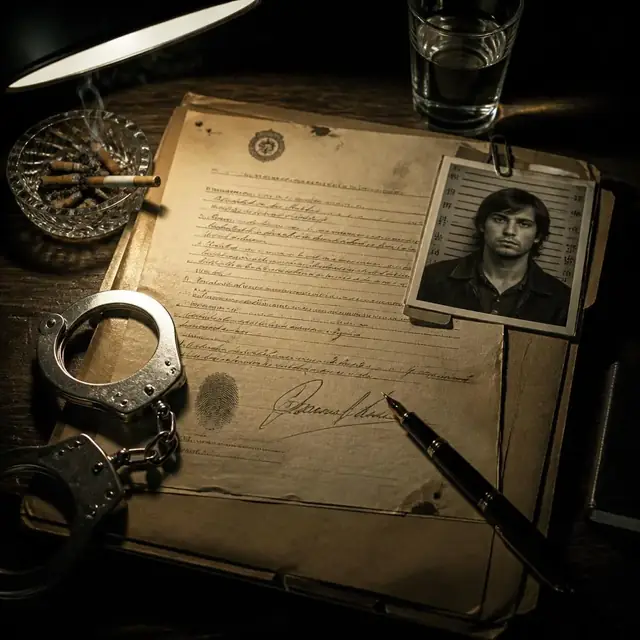 Confesión firmada de 1979 con esposas, ficha policial y pluma bajo la lámpara de interrogatorio